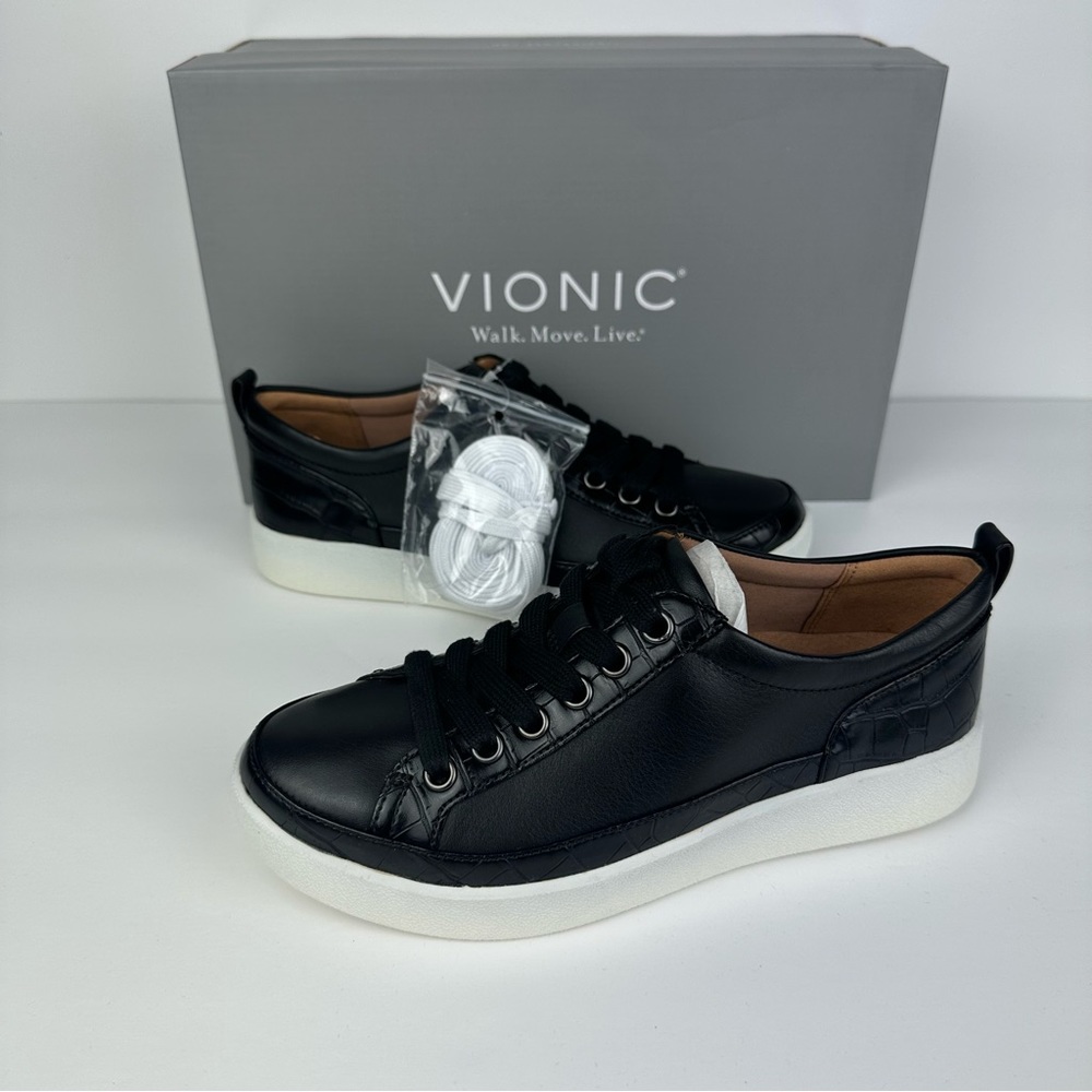 NWB Vionic Winny Leather Embossed Detail Black Lace-Up Sneakers - Size: 5 - Picture 7 of 14